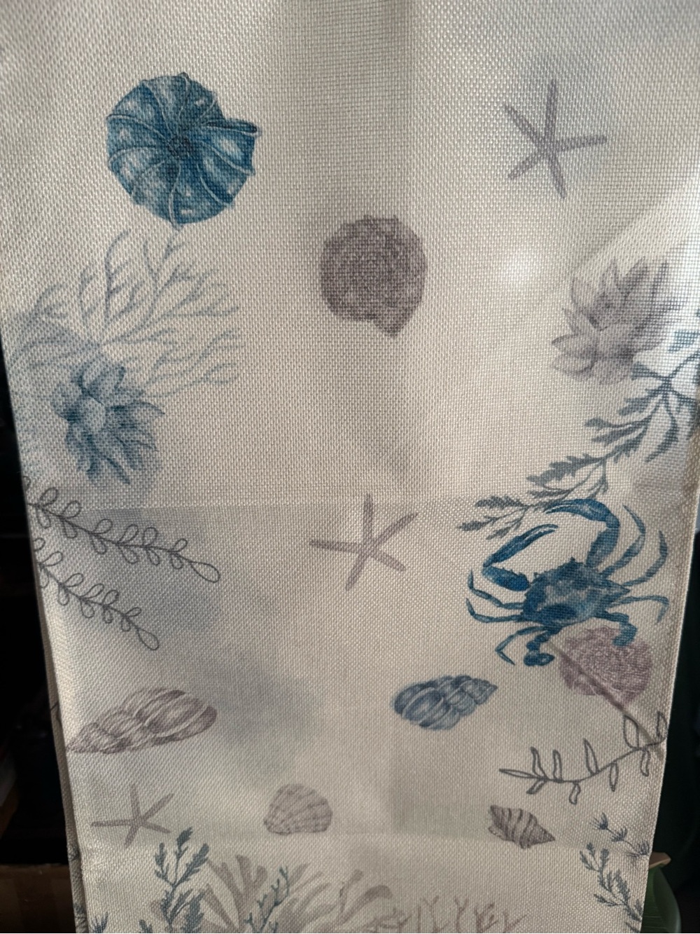 NWOT Coastal Cream, Blue and Gray Linen Sea Life Table Runner, 13x72
